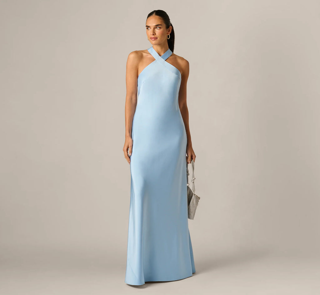 Bias Cut Stretch Satin Scarf Halter Gown In Azure Blue