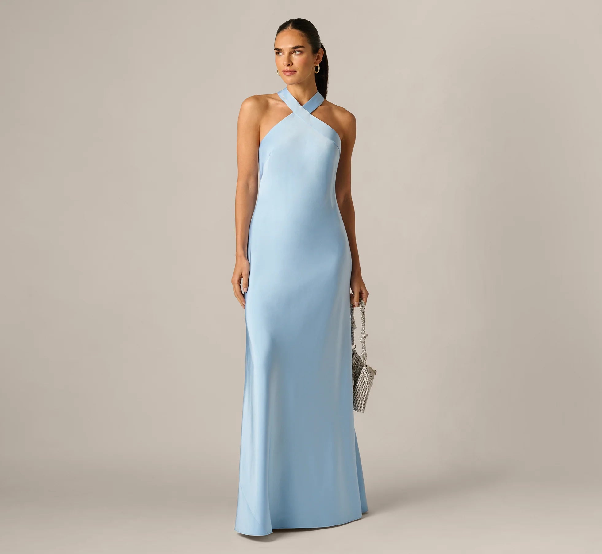 Bias Cut Stretch Satin Scarf Halter Gown In Azure Blue