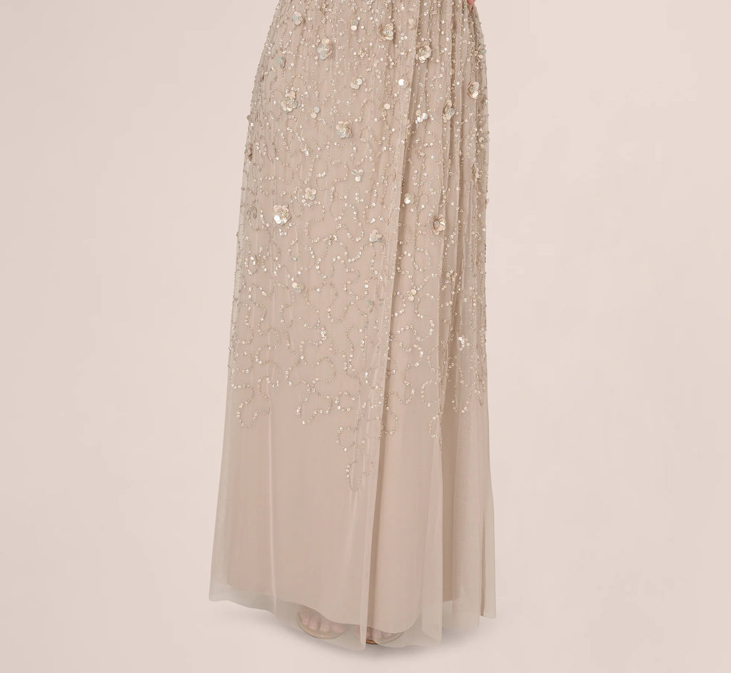 Cap Sleeve Beaded Sequin Floral Gown In Marble
