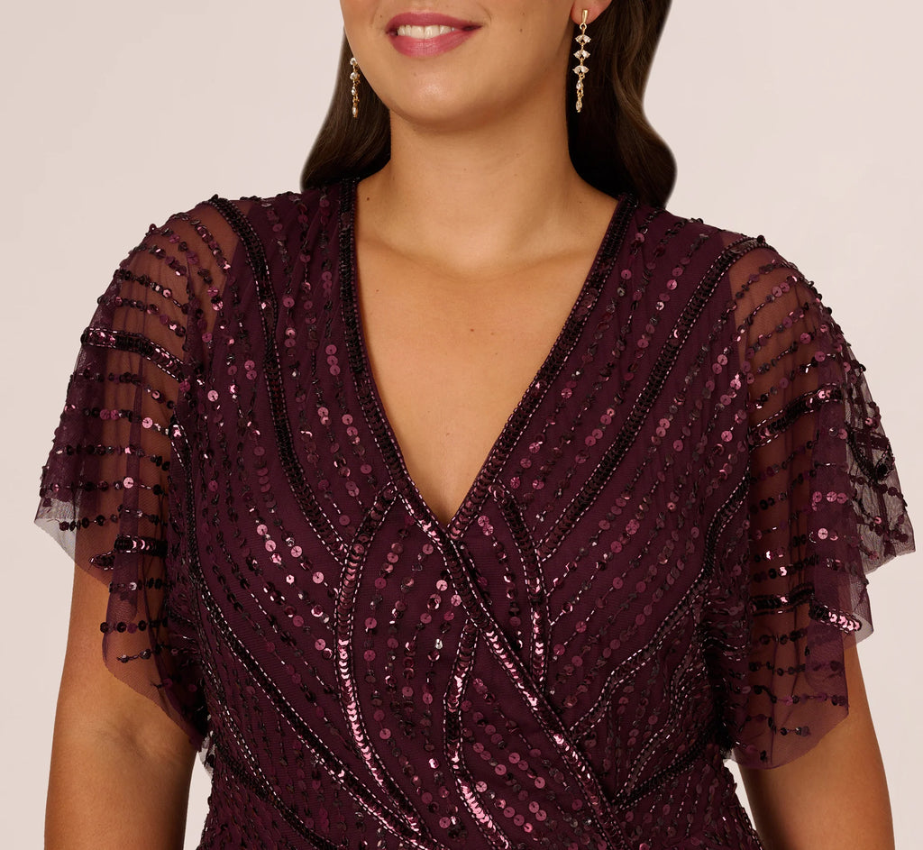 Plus Size Beaded Surplice Midi Dress With Dolman Sleeves In Deep Amethyst