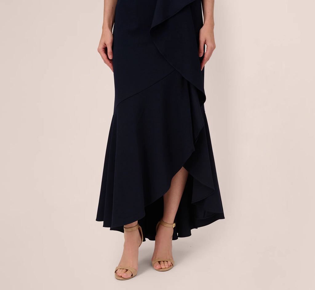 One Shoulder Ruffled Crepe Gown With Beaded Accent In Midnight