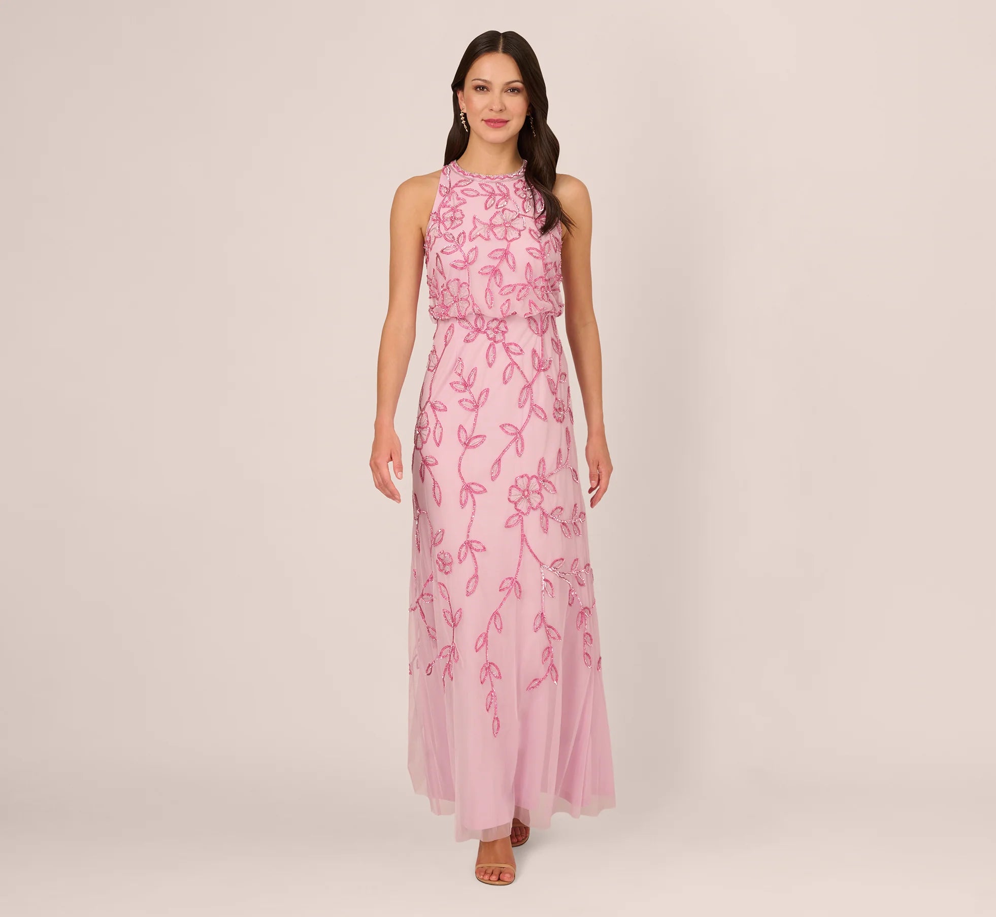 Sleeveless Blouson Mermaid Gown With Jasmine Beading In Pink Lace
