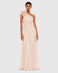 Pink One Shoulder Polka Dot Chiffon Gown With Ruffle Detail