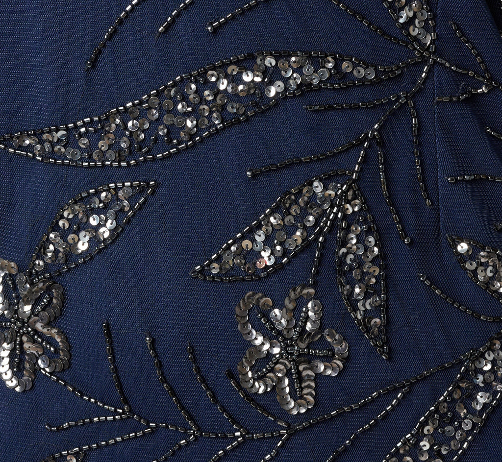One Shoulder Floral Sequin Bead Gown In Light Navy