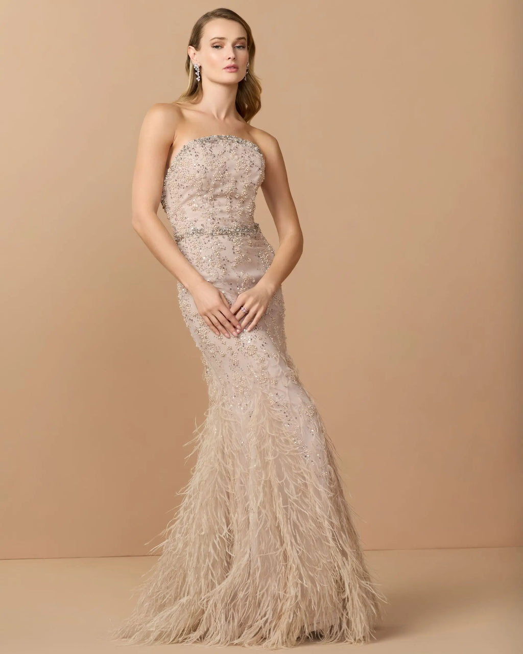 Beige Strapless Embellished Mermaid Gown With Feather Hem