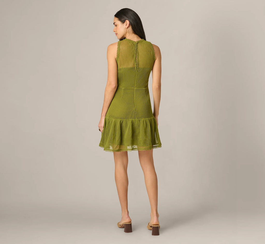 Cotton Mesh Floral Short Dress In Dark Moss