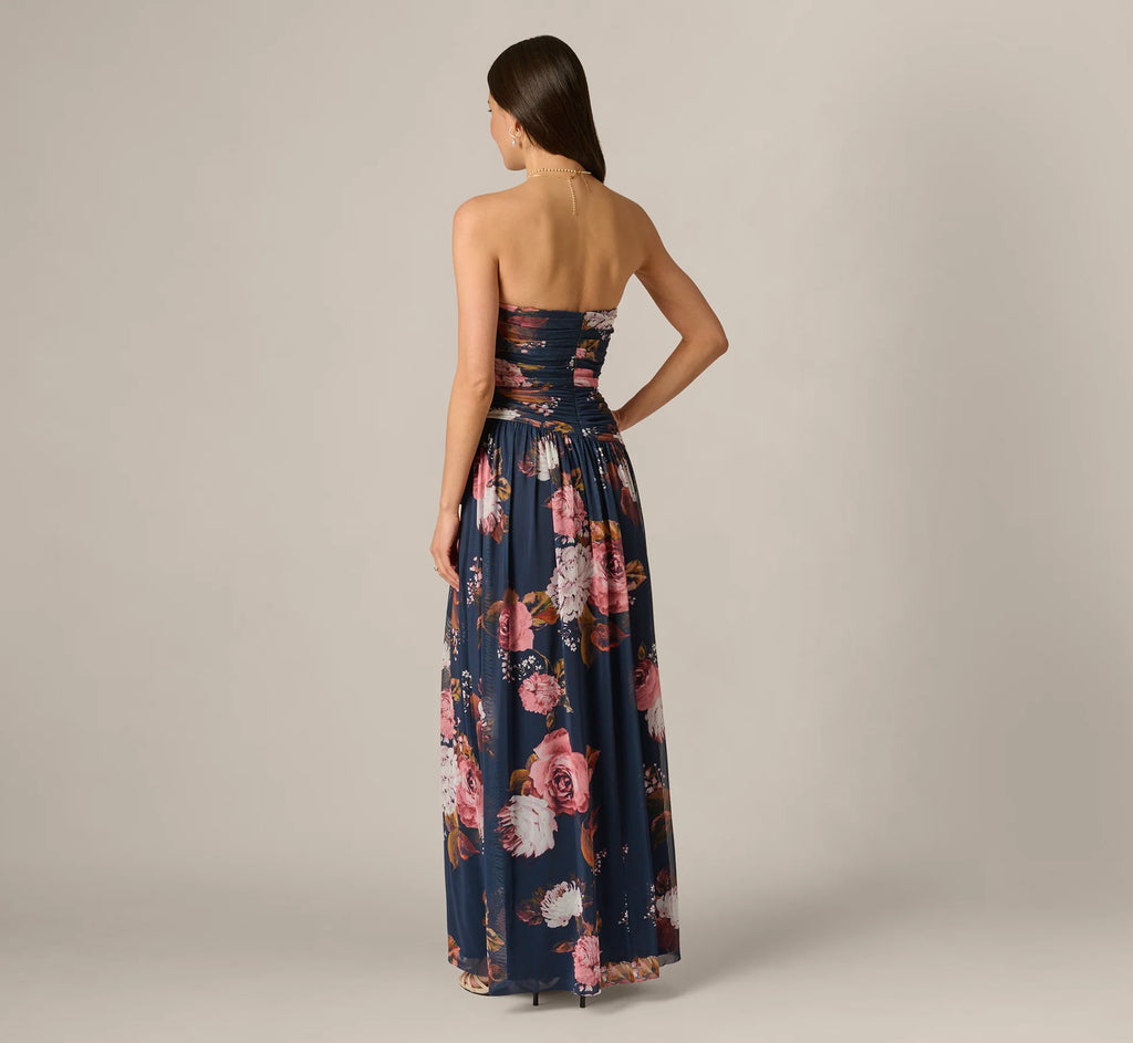 Strapless Ruched Floral Stretch Mesh Gown In Navy Multi