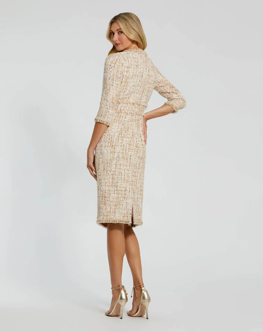 Petite Beige Beaded Trim Boucle Midi Dress with 3/4 Sleeves