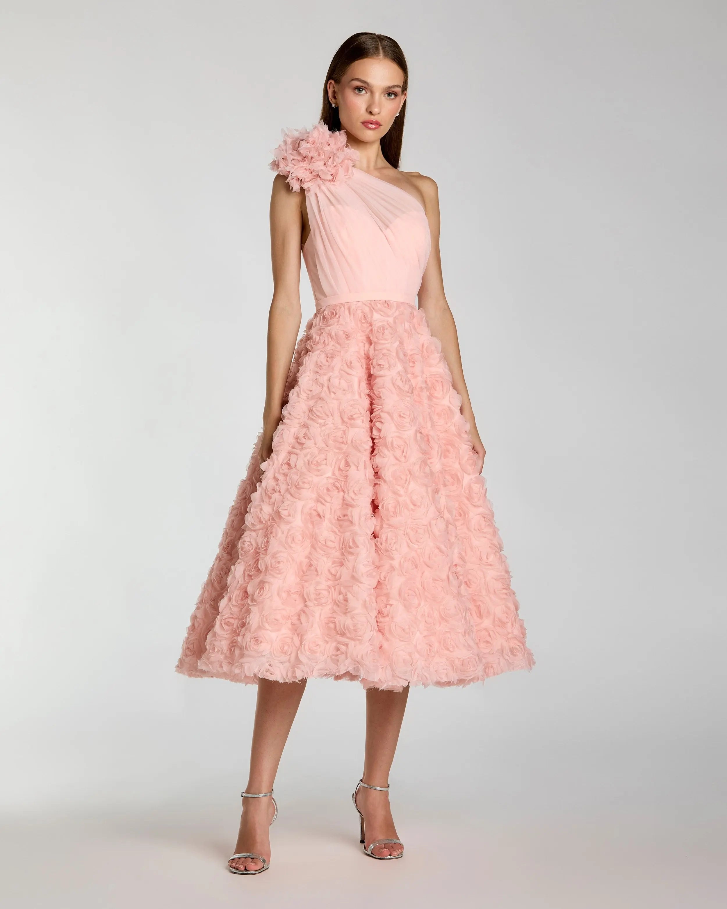 One Shoulder 3D Floral Rosette Midi Dress