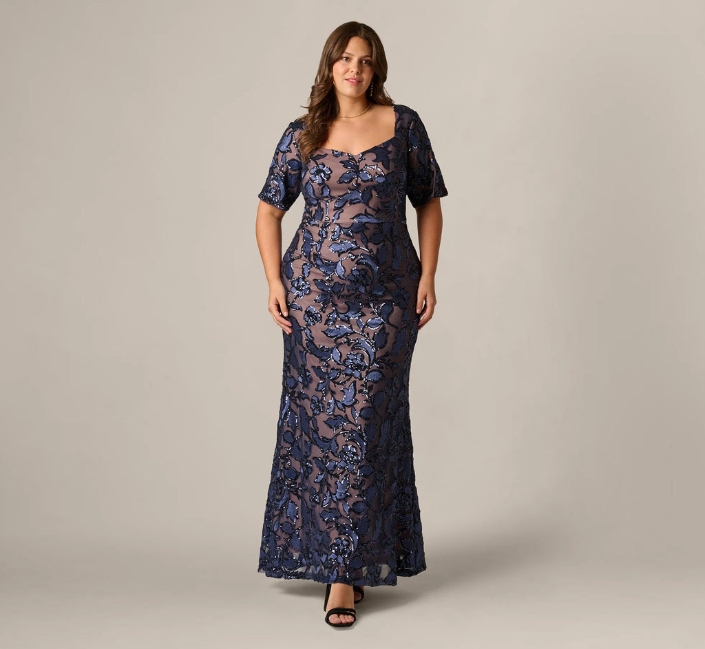 Plus Size Short Sleeve Floral Sequin Stretch Mesh Gown In Navy Rosegold
