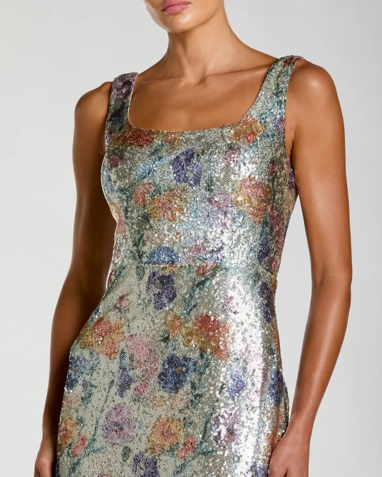 Silver Sleeveless Floral Sequin Gown