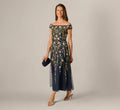 Off Shoulder Floral Beaded Ankle Length Dress In Navy Blush