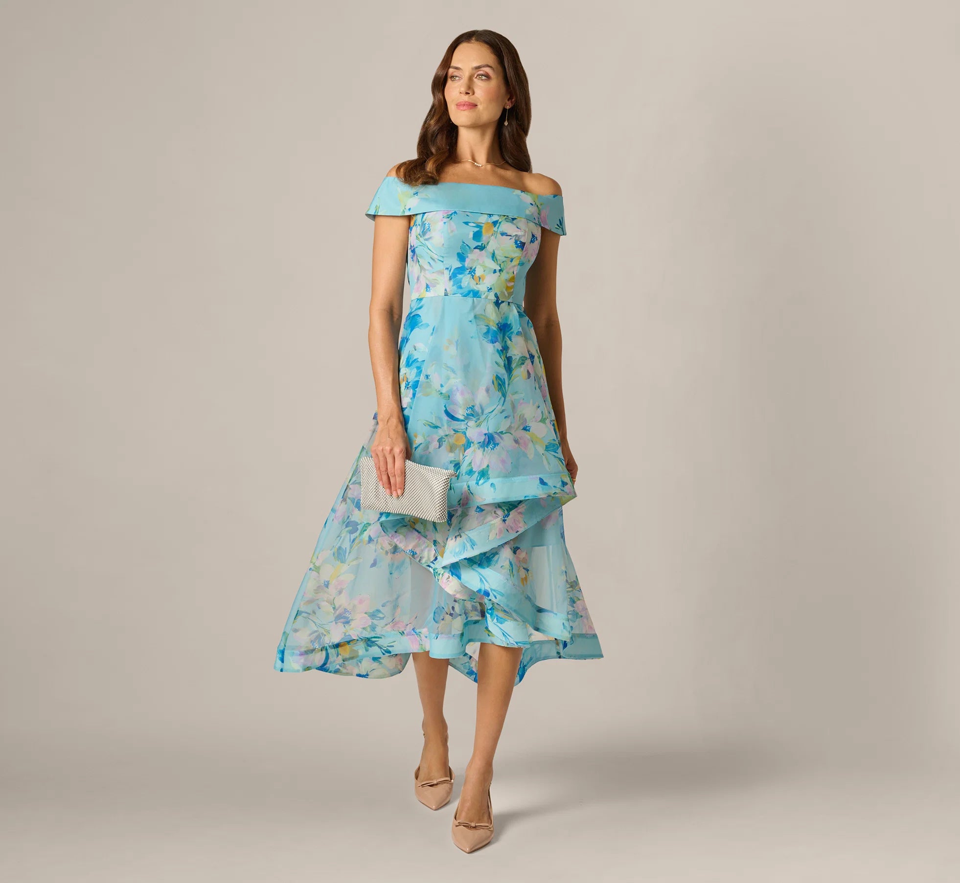 Off Shoulder Floral Organza High Low Midi Dress In Blue Multi
