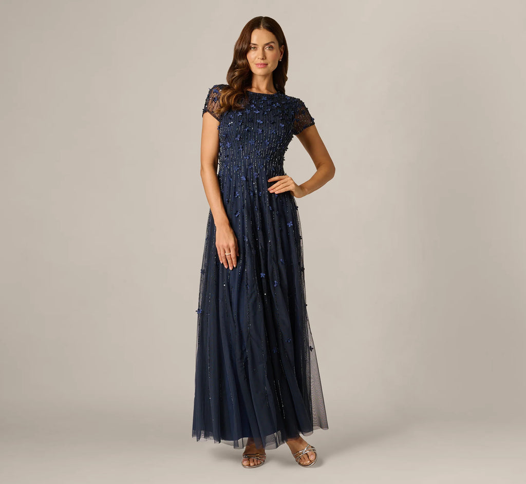 Short Sleeve Linear 3D Floral Beaded Gown In Navy