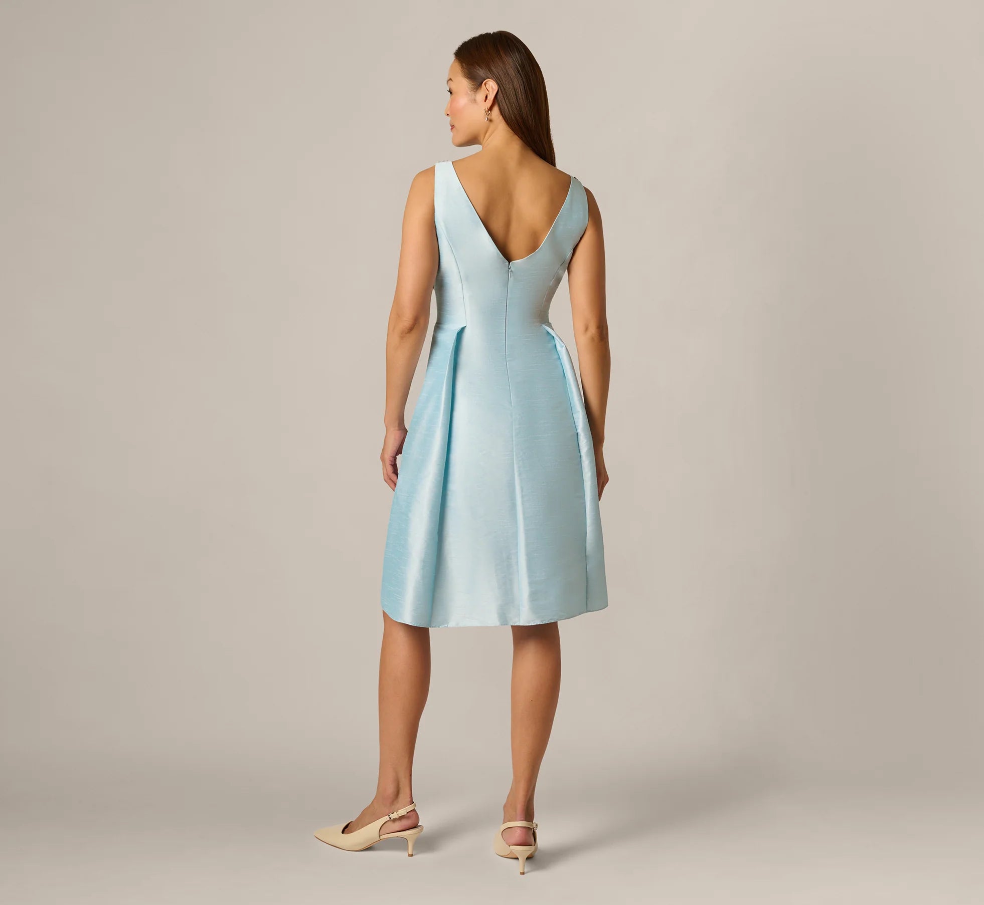 Floral Beaded Shantung Fit And Flare Dress In Sky Multi