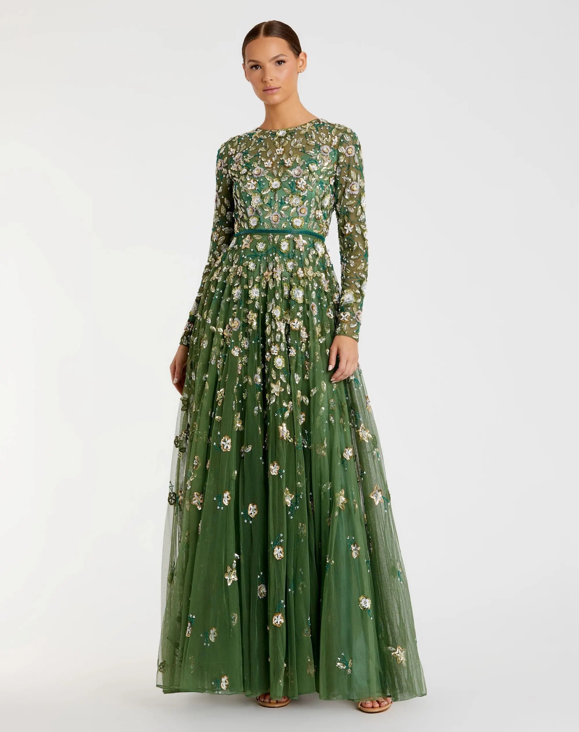 Petite Green Embellished High Neck Long Sleeve A Line Gown