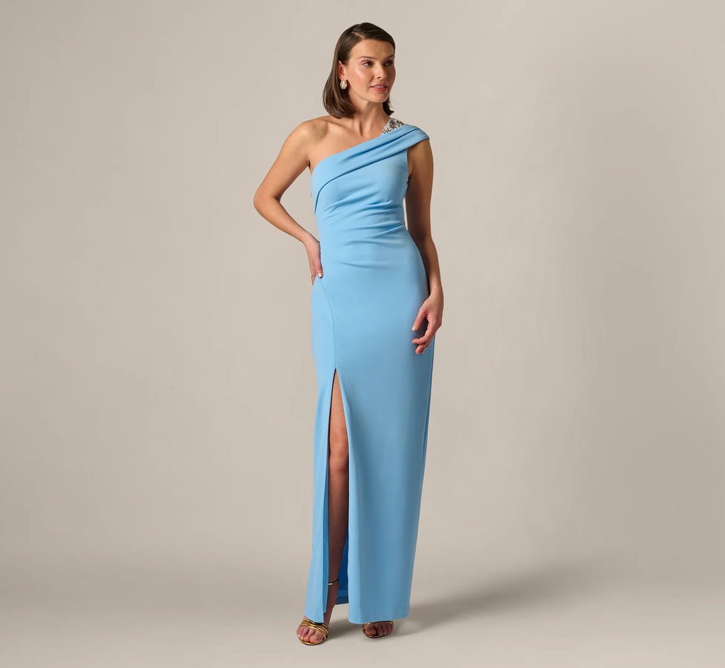 Beaded One Shoulder Stretch Column Gown In Waterfall