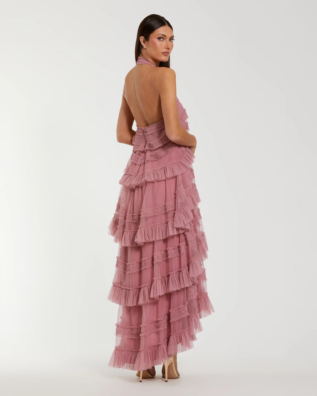 Pink Tiered Ruffle Halter Neck Midi Dress