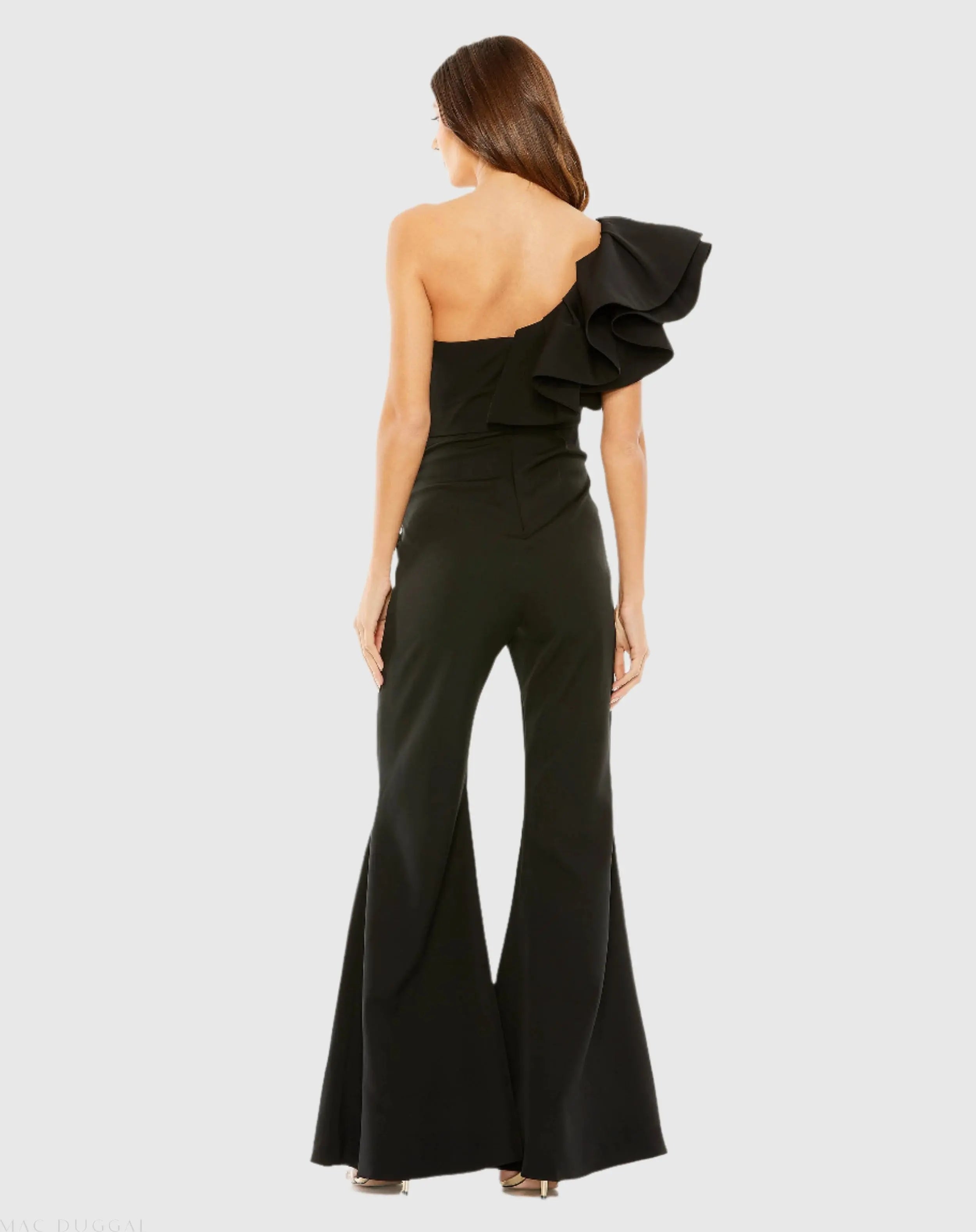 Black One Shoulder Ruffle Detail Flare Pant Jumpsuit - FINAL SALE