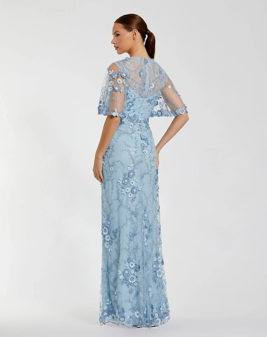 Petite Blue Flutter Sleeve Floral Embroidered Net Gown