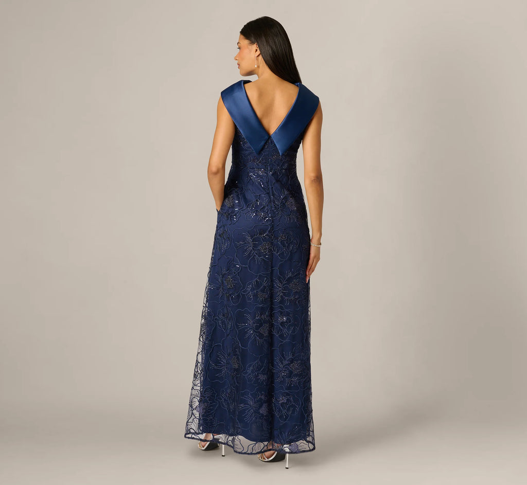 Floral Embroidered Satin Roll Collar Gown In Midnight