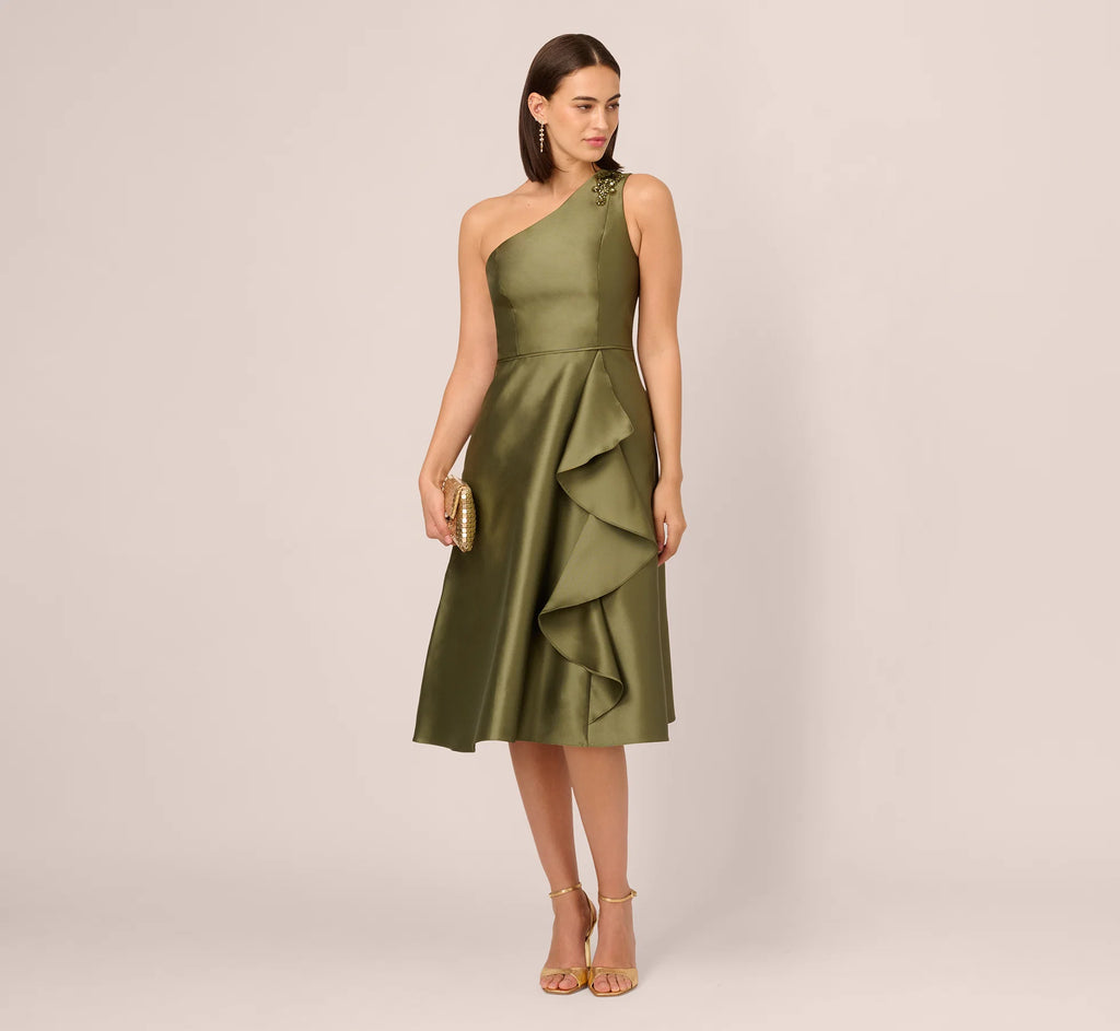 One Shoulder Beaded Detail Mikado Midi Dress In Jungle Olive
