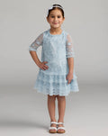 Girls Blue Micro Ruffle Embroidered Mini Dress