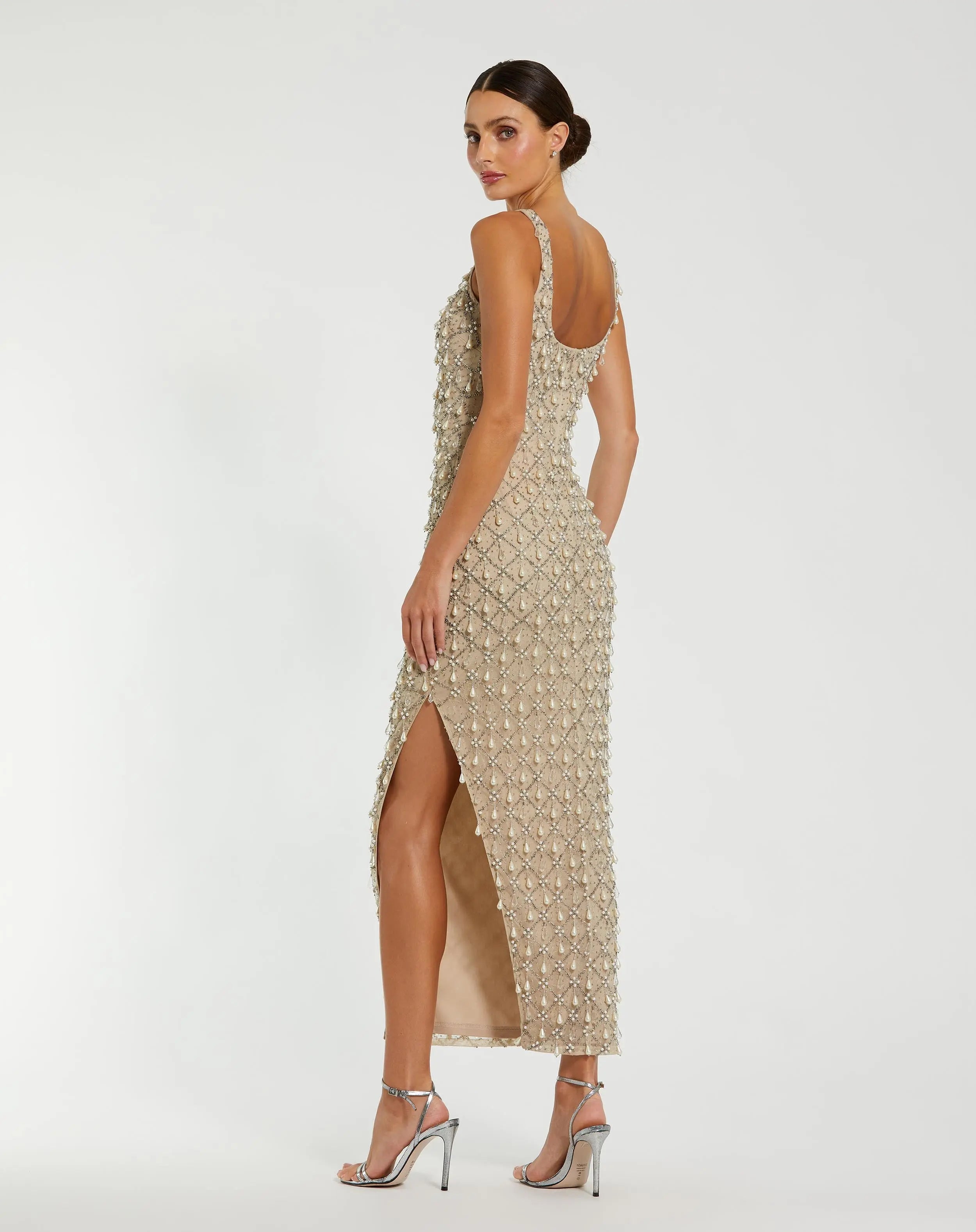 Beige Beaded Scoop Neck Midi Dress