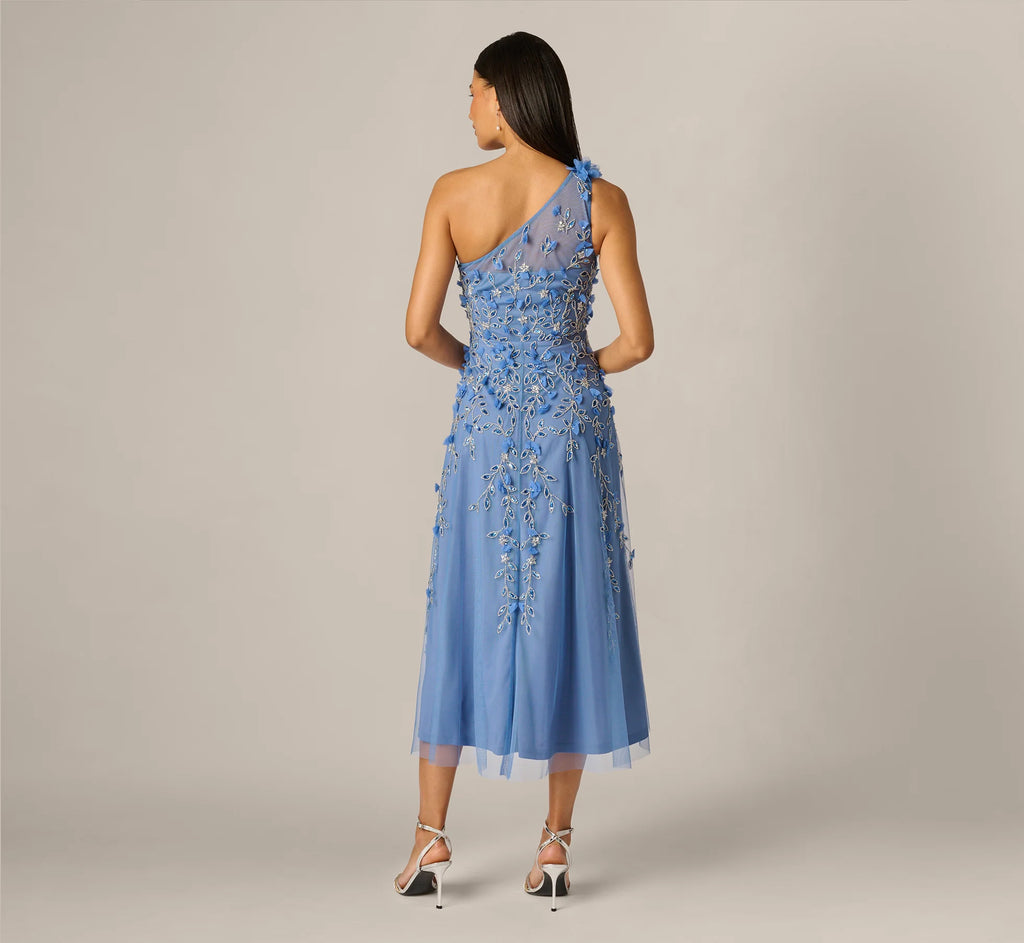 One Shoulder 3D Floral Beaded Ankle Dress In French Blue