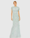 Blue Floral Embellished High Neck Flutter Sleeve Gown