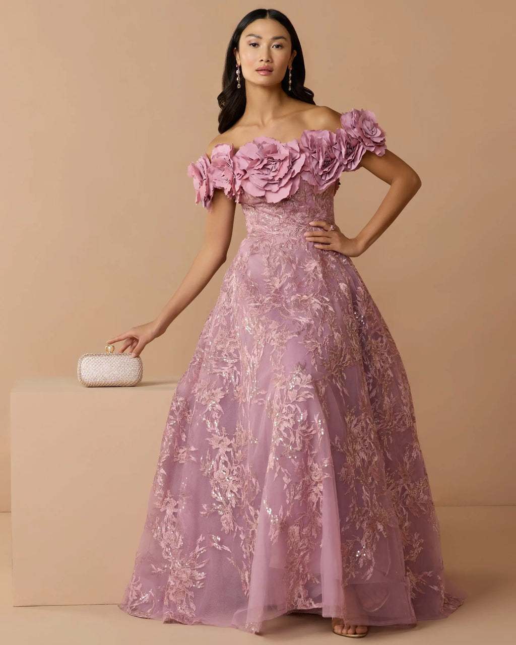 Purple Off The Shoulder 3D Floral Embroidered A-Line Gown