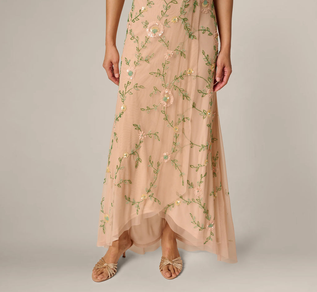 Flutter Sleeve Beaded Wrap Dress In Blush Multi