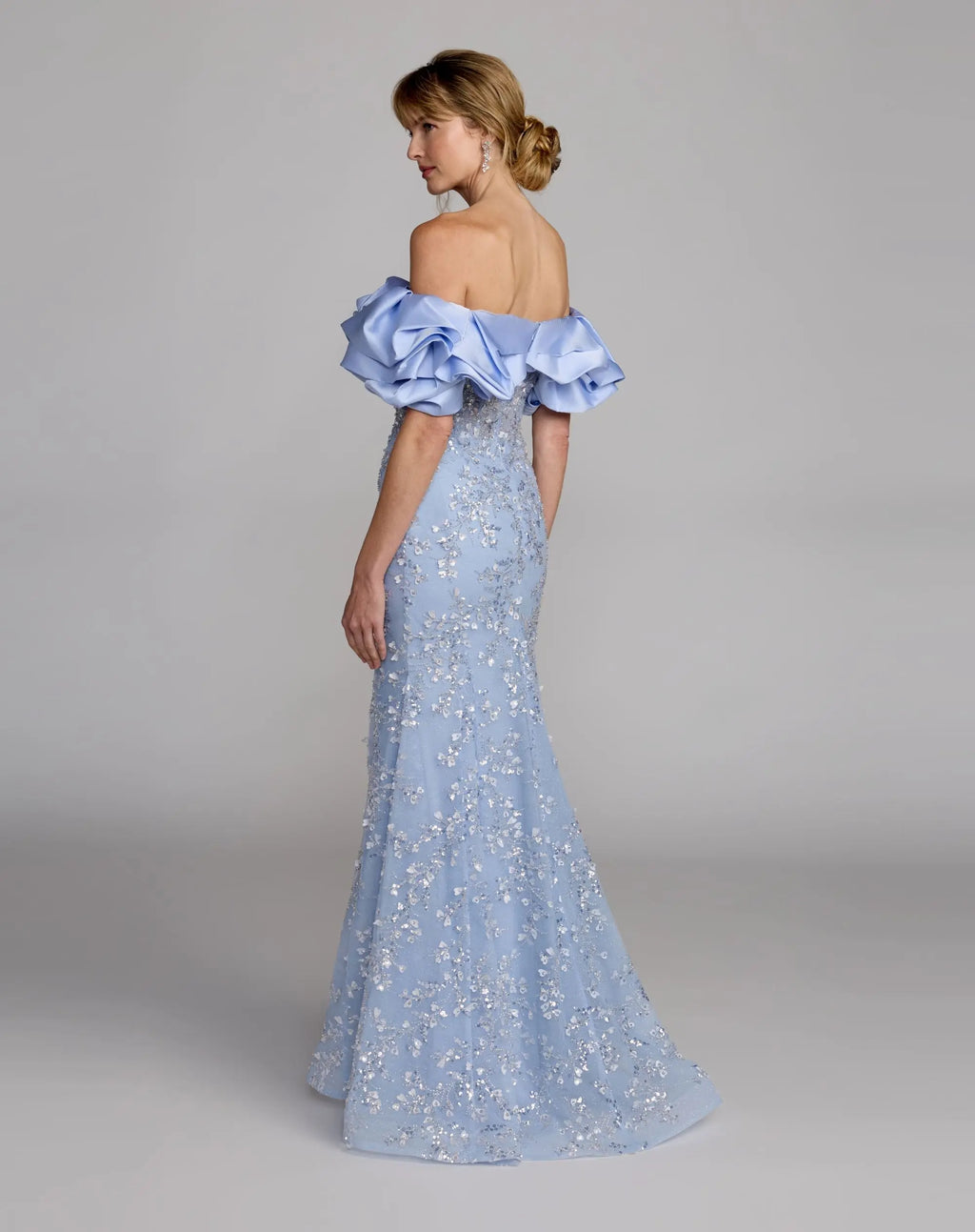Blue Embellished Mermaid Gown With Off The Shoulder Ruffle