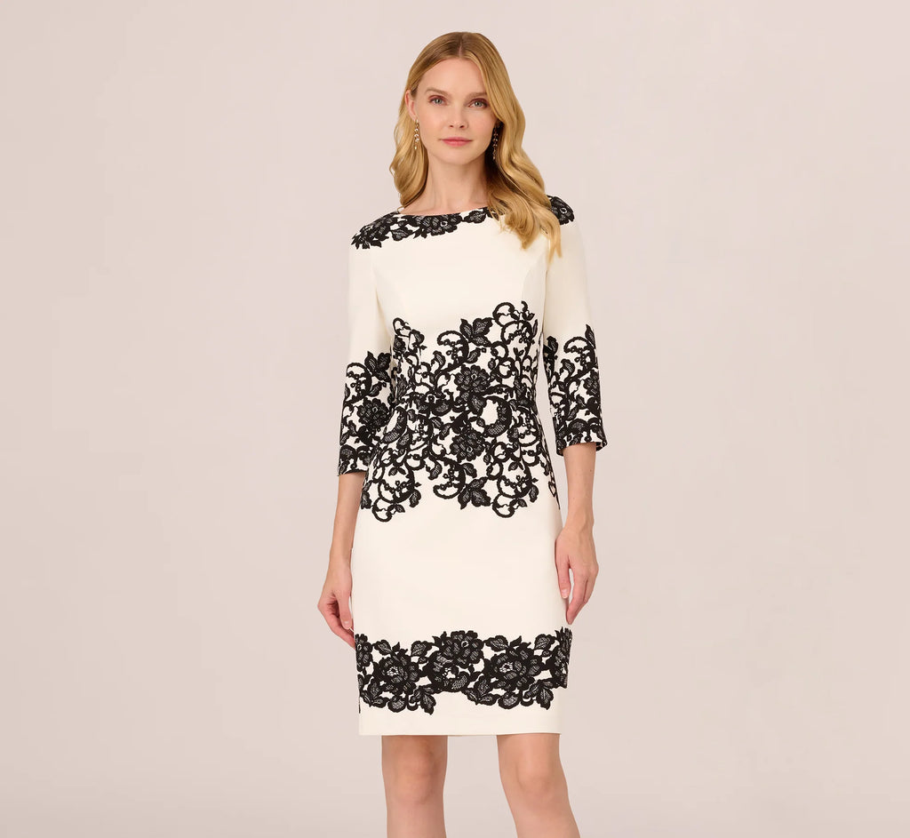 Petite Scroll Lace Midi Dress With Three Quarter Sleeves In Ivory Black