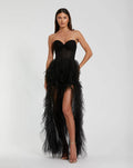 Strapless Bustier Net Gown With Spiral Ruffles