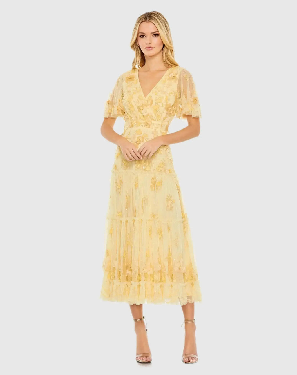 Yellow Floral Embellished Flutter Sleeve Dress