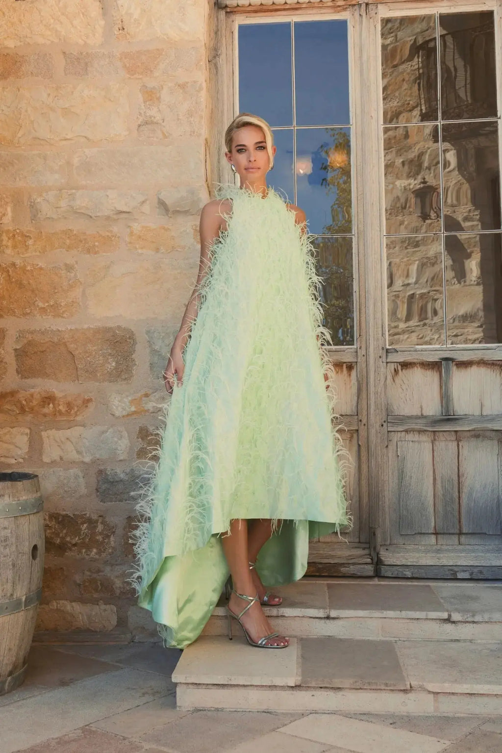 Green Sleeveless Feather Embellished High Low Gown