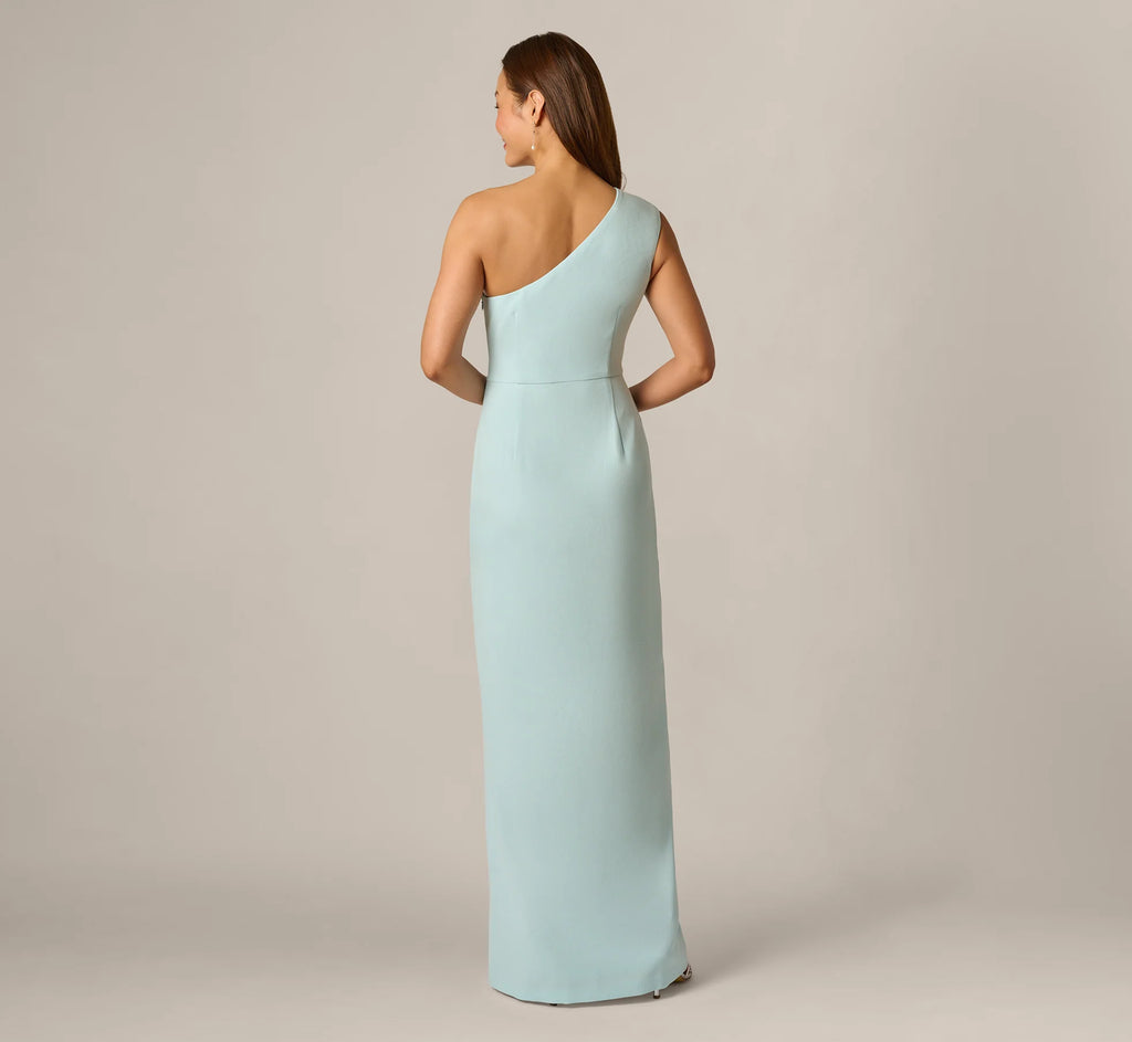 One Shoulder Draped Ruffle Stretch Gown In Clear Sky