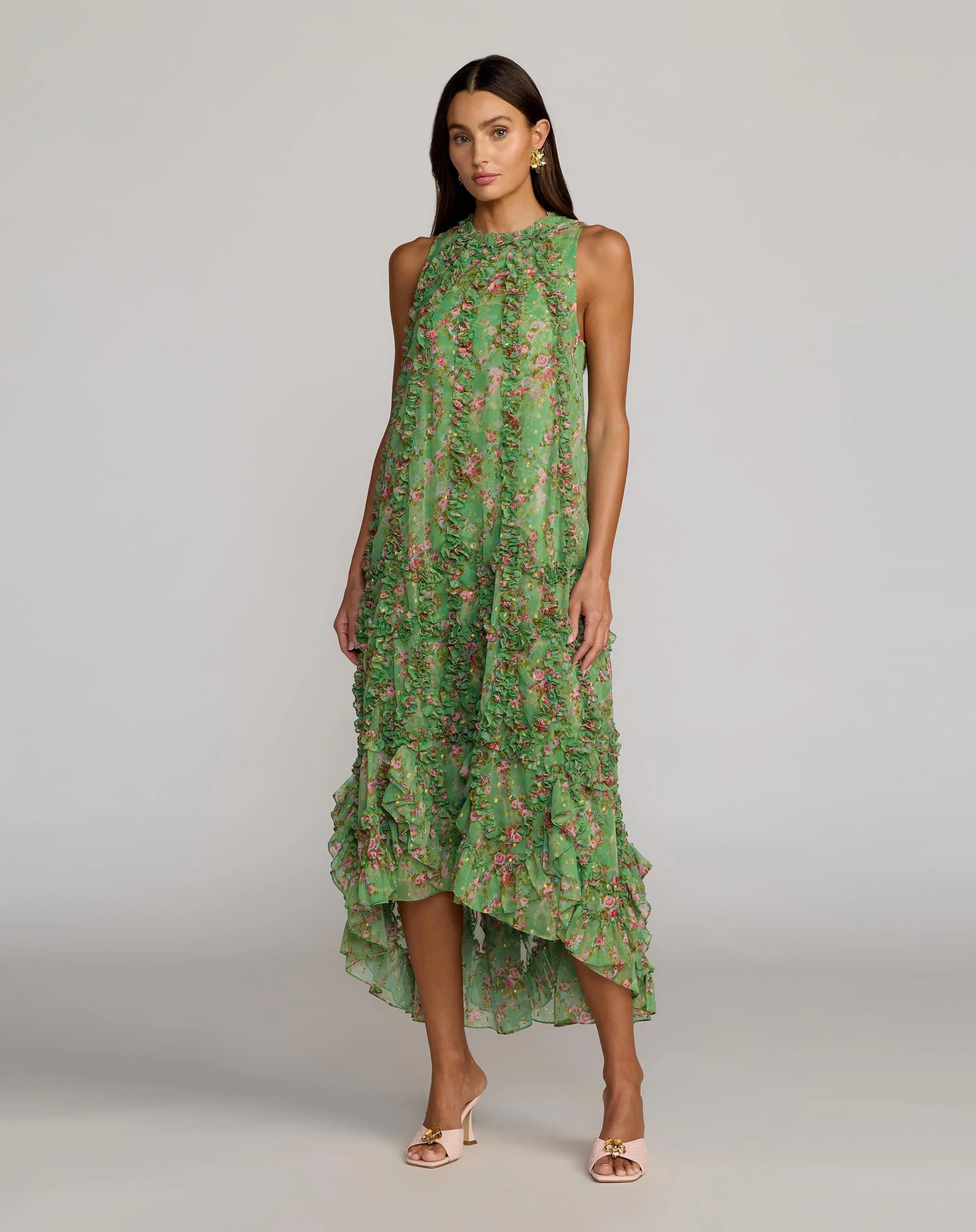 Sleeveless Floral Chiffon Micro Ruffle Midi Dress