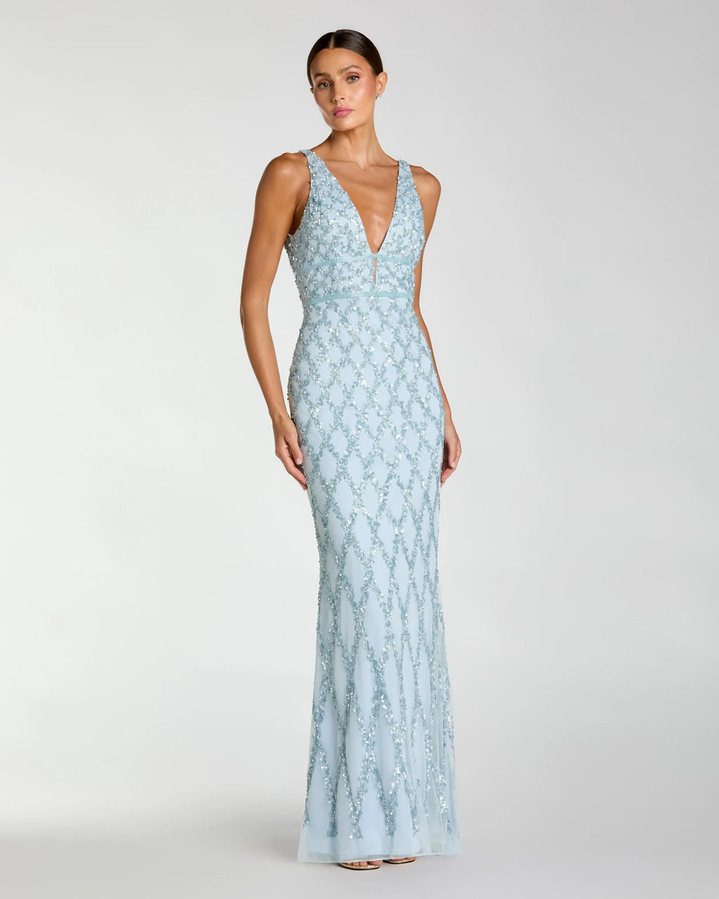 Sequined Plunge Neck Sleeveless Column Gown