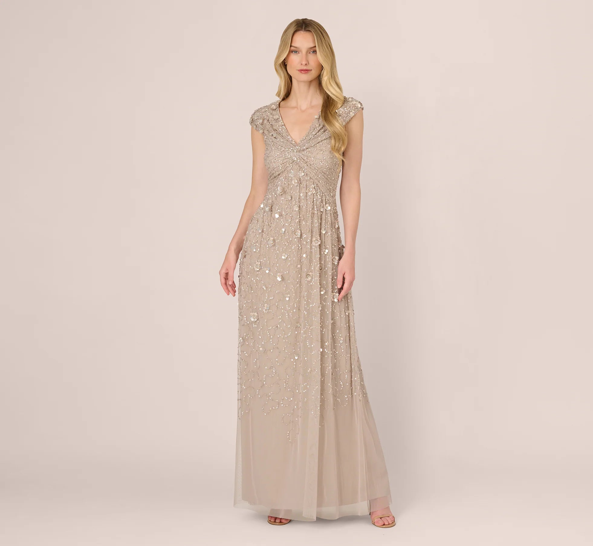 Cap Sleeve Beaded Sequin Floral Gown In Marble