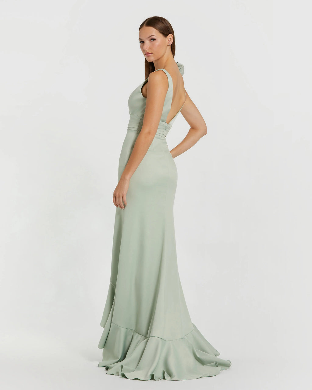 Green Sleeveless Ruffled V-Neck Gown With Bow