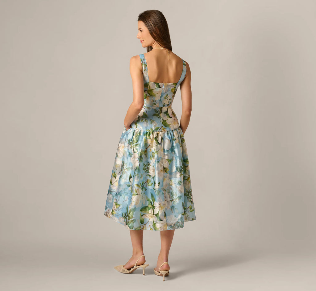 Square Neck Drop Waist Floral Jacquard Dress In Blue Multi