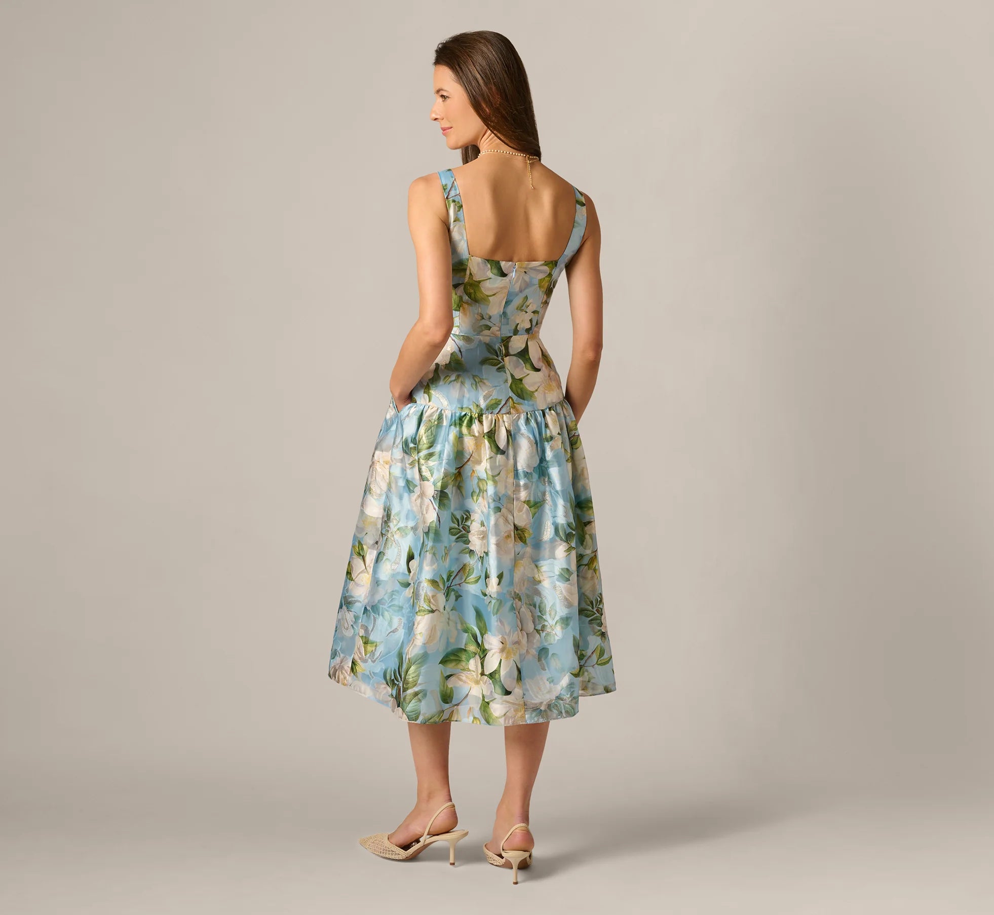 Square Neck Drop Waist Floral Jacquard Dress In Blue Multi