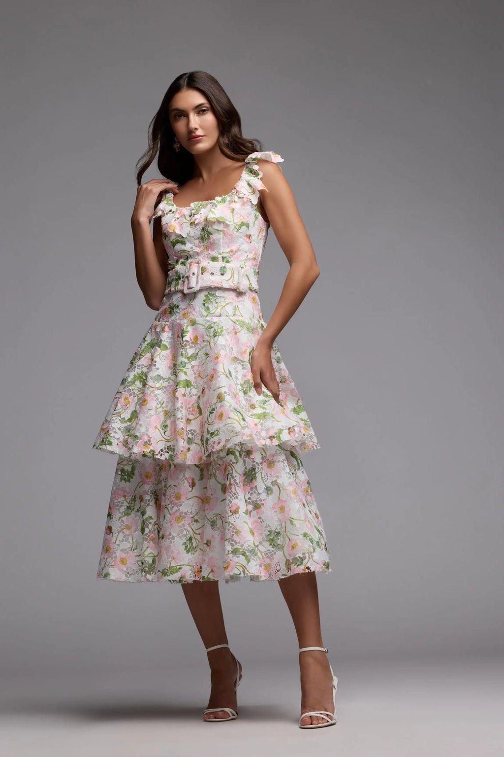 White Multicolor Floral Lace Tiered Midi Dress
