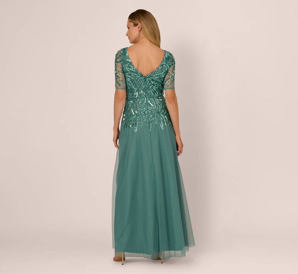 Beaded Mesh Long Dress In Green Slate