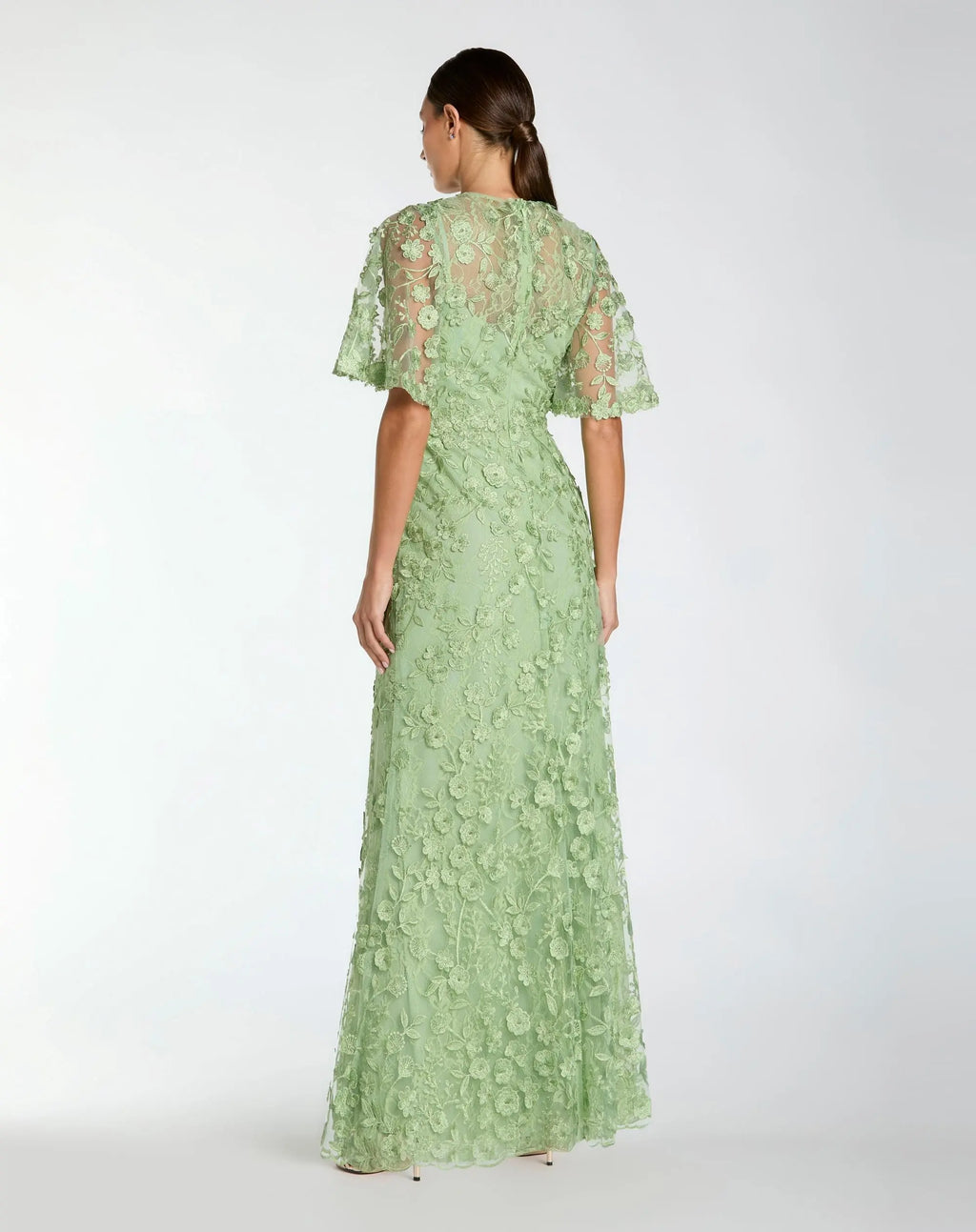 Green Flutter Sleeve Floral Embroidered Net Gown