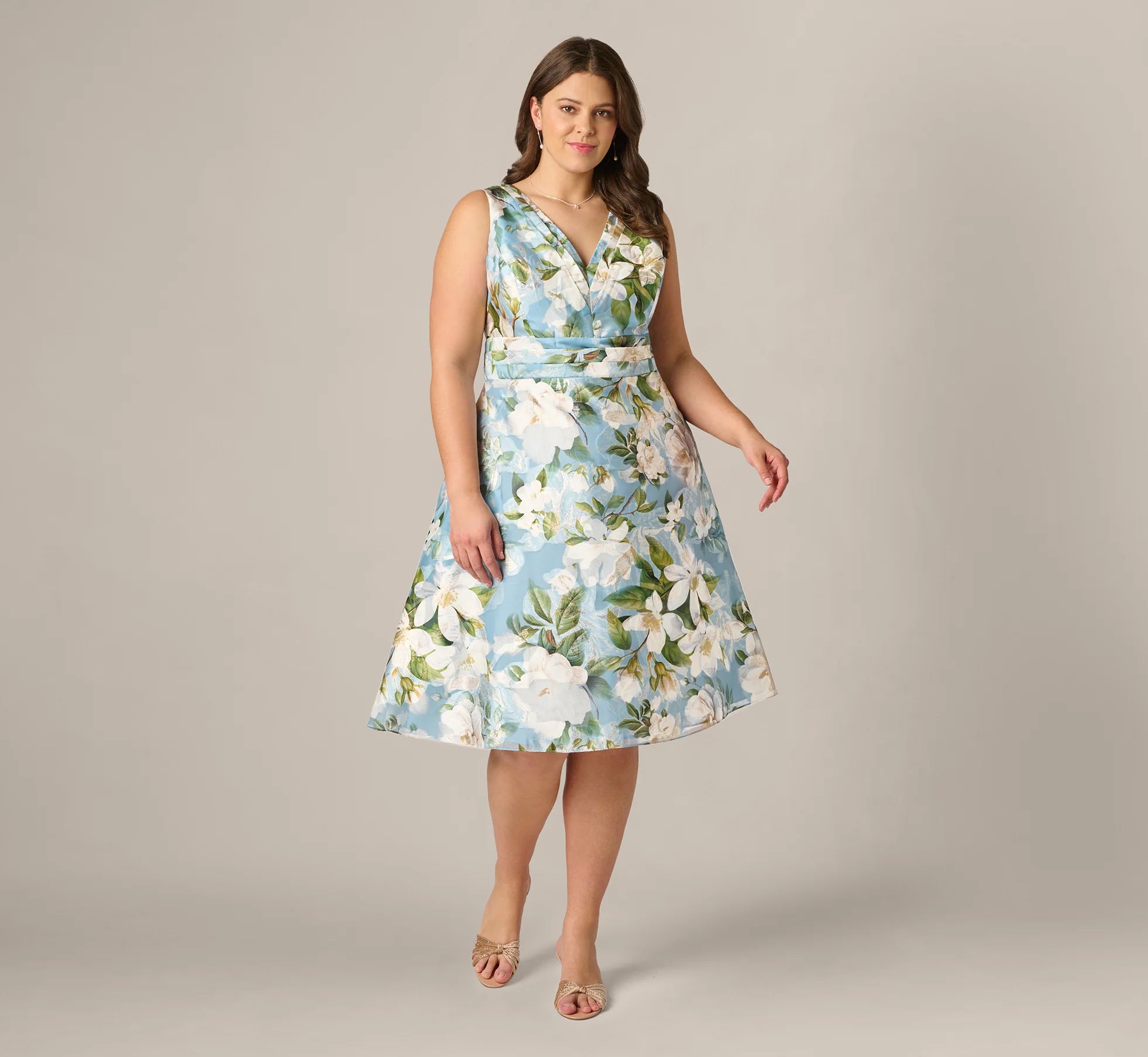Plus Size Magnolia Floral Jacquard A Line Midi Dress In Blue Multi