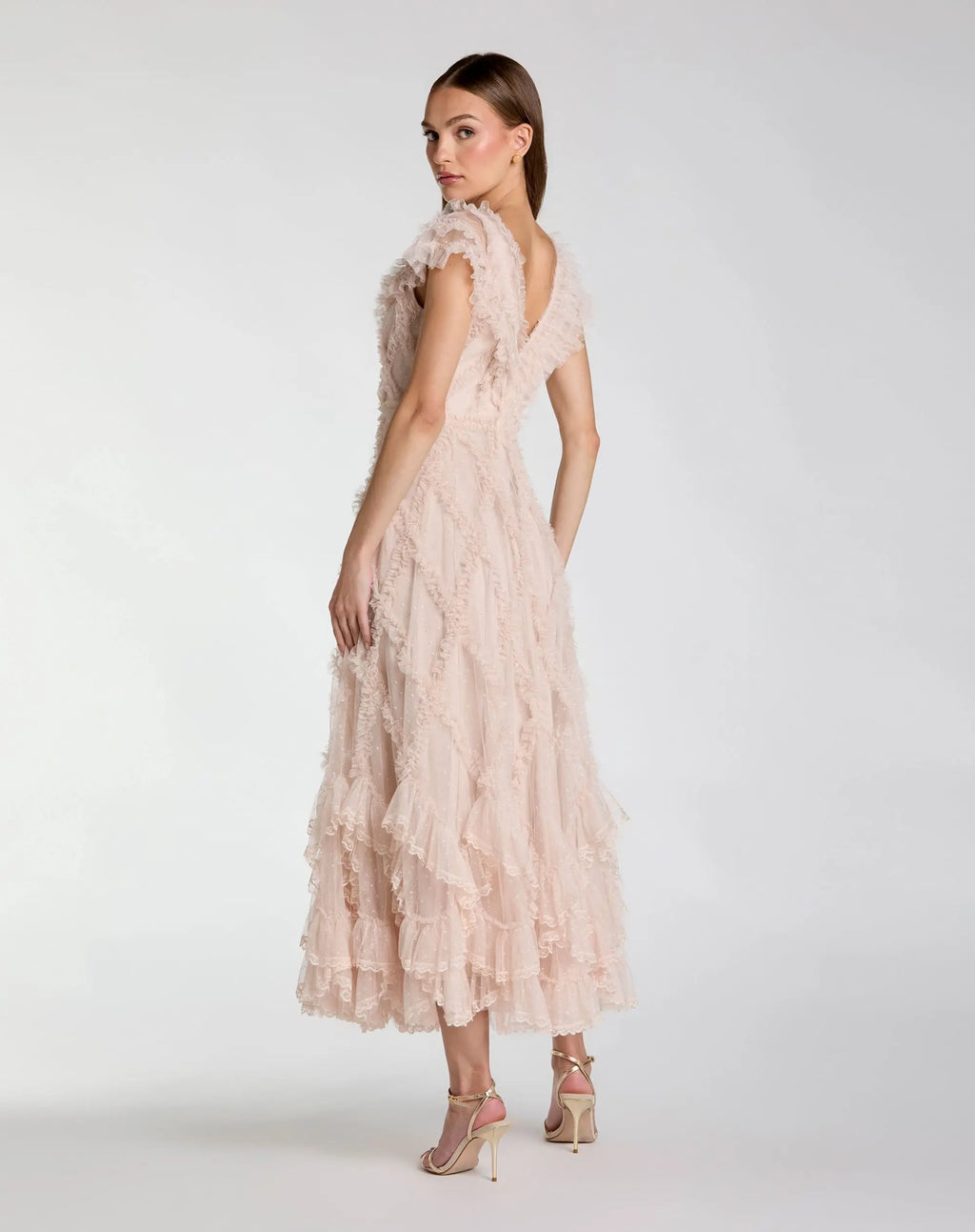 Petite Pink Micro Ruffle Cap Sleeve A-Line Midi Dress