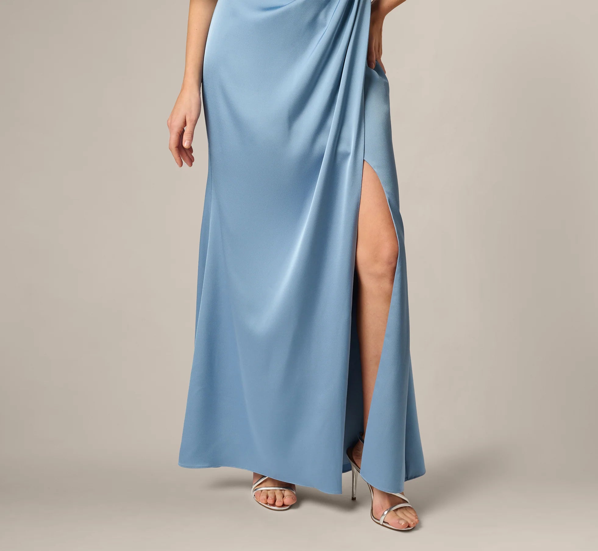 Crepe Back Satin One Shoulder Long Dress In Blue Cloud